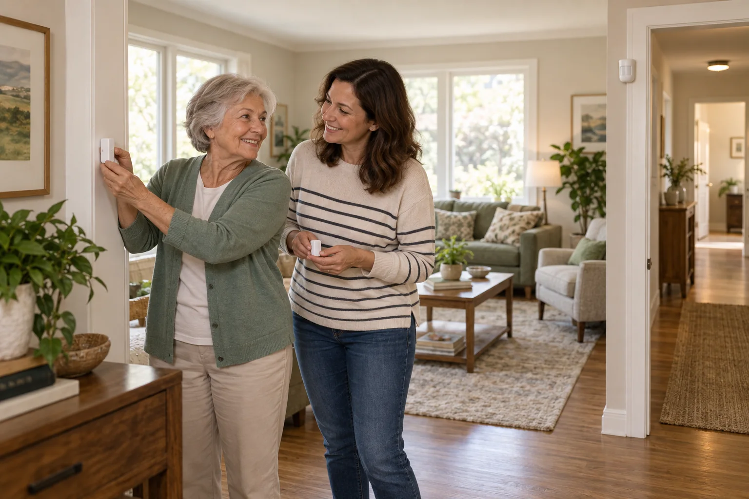 An older adult and her daughter placing a small sensor together in a bright living room