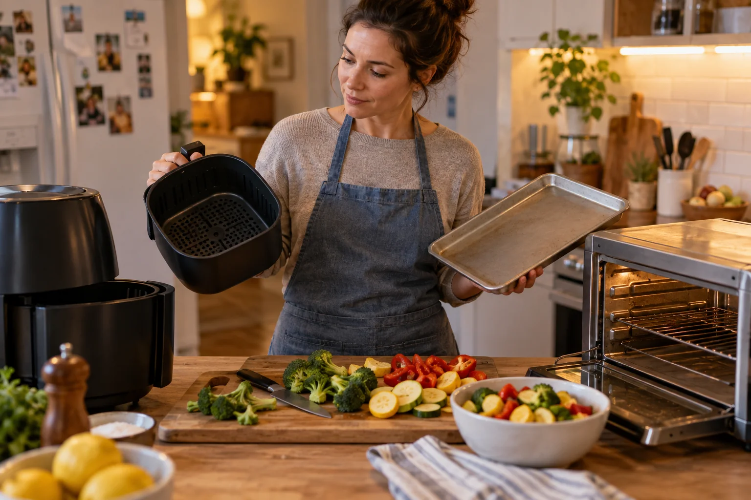 Two adults comparing a basket air fryer with a countertop oven during dinner preparation
