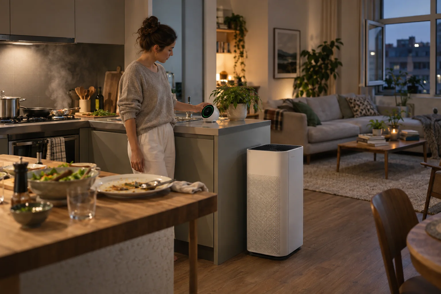 A person checking an air-quality monitor near a purifier after cooking