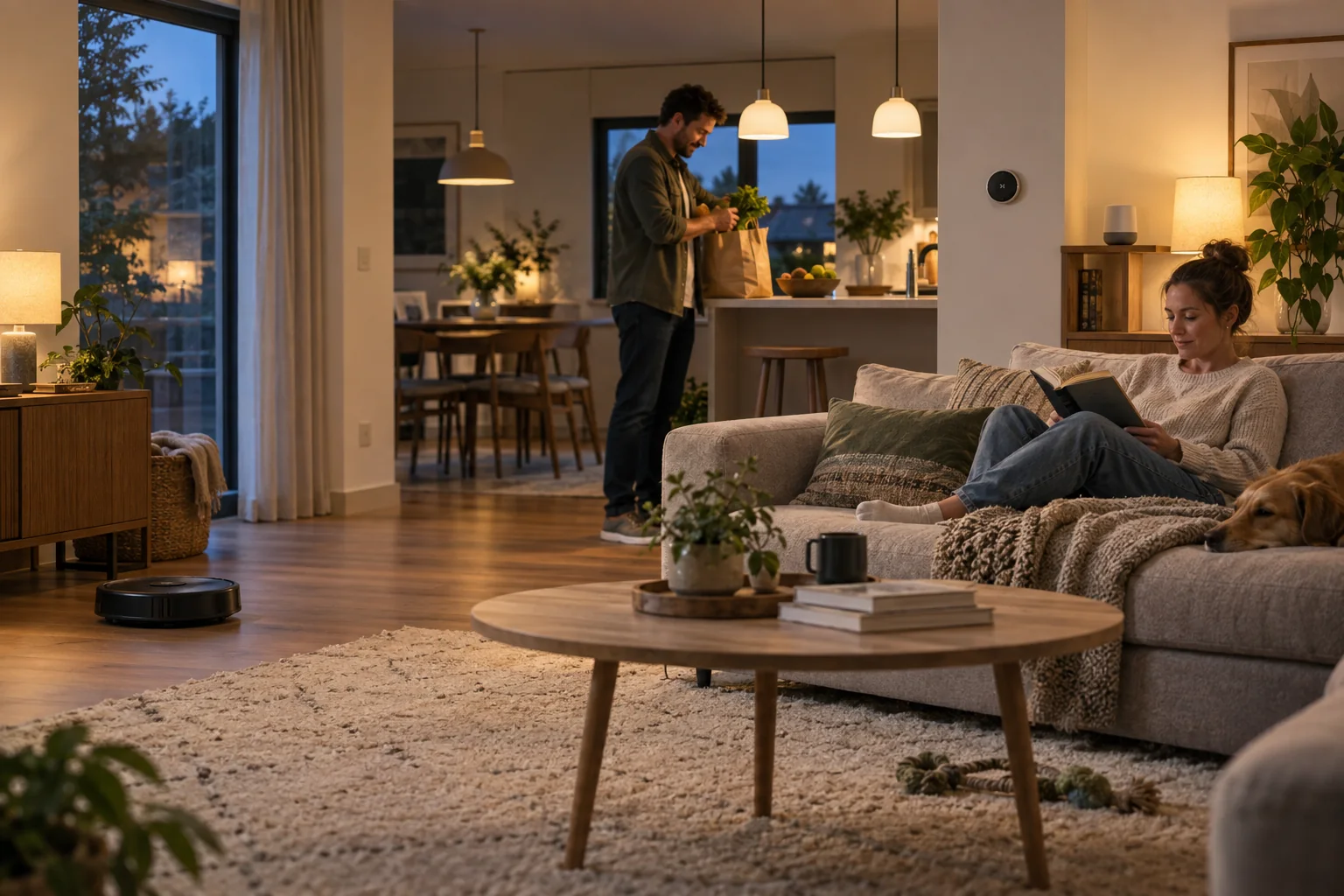 A couple relaxing in a warm living room with discreet smart-home devices and a robot vacuum