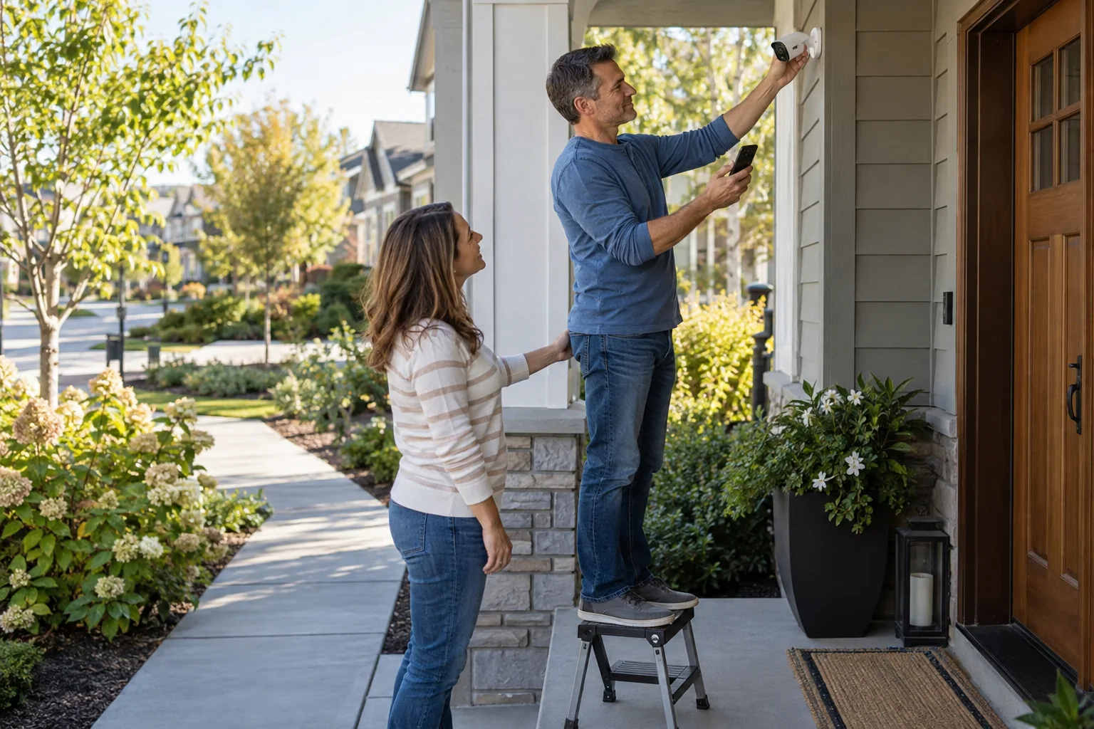 A homeowner adjusting an outdoor security camera toward a front walkway