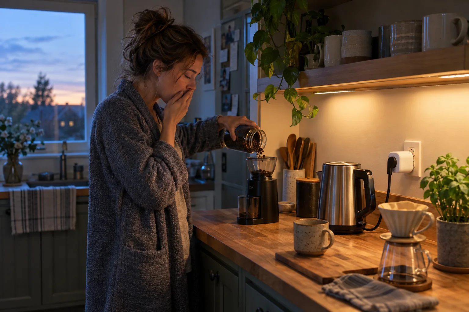 A person preparing morning coffee at an organized counter with a small speaker nearby