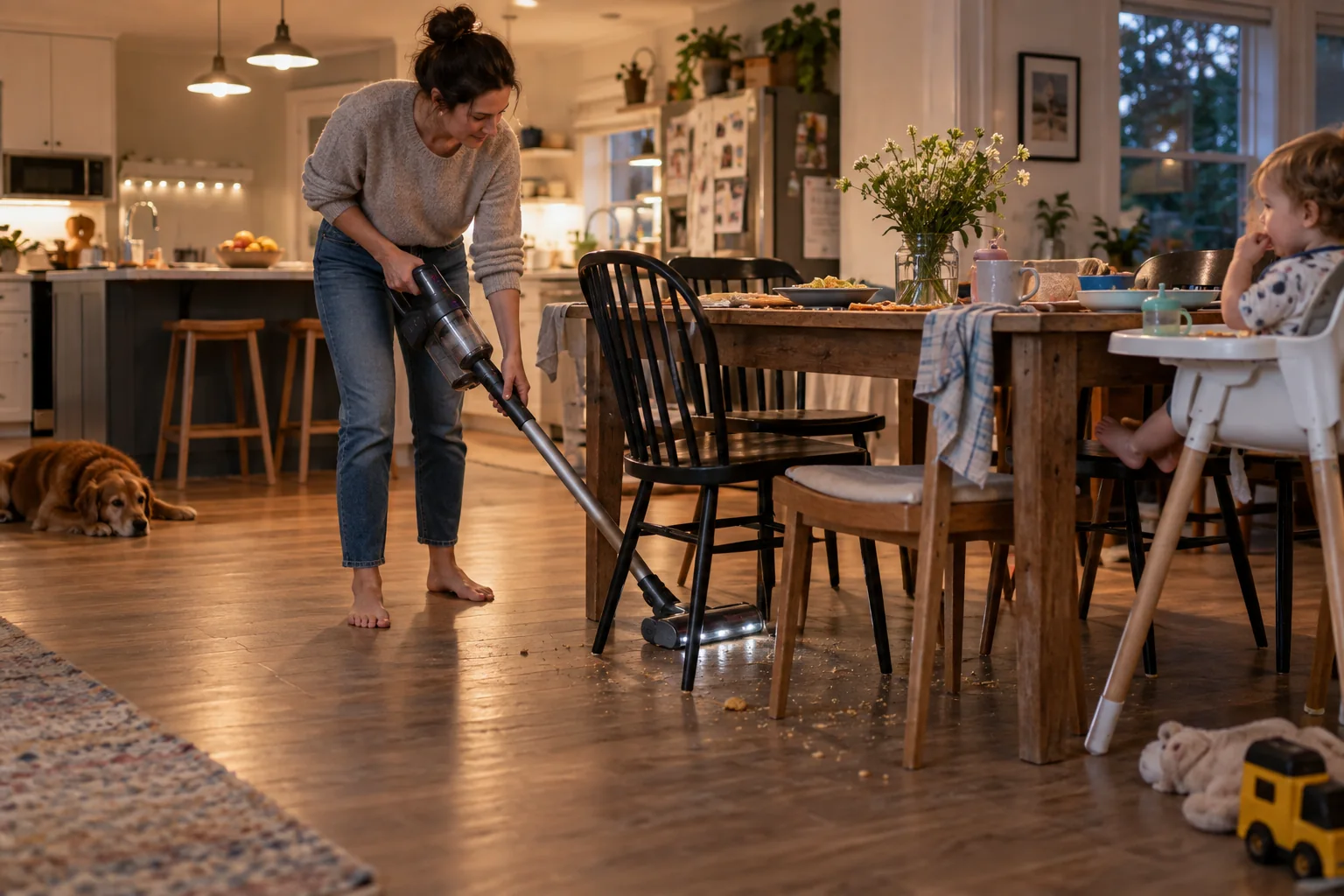 A parent using a cordless vacuum around a kitchen table after dinner