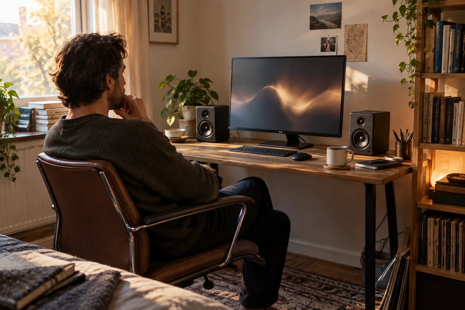 A person comparing compact speakers and headphones at a small home-office desk