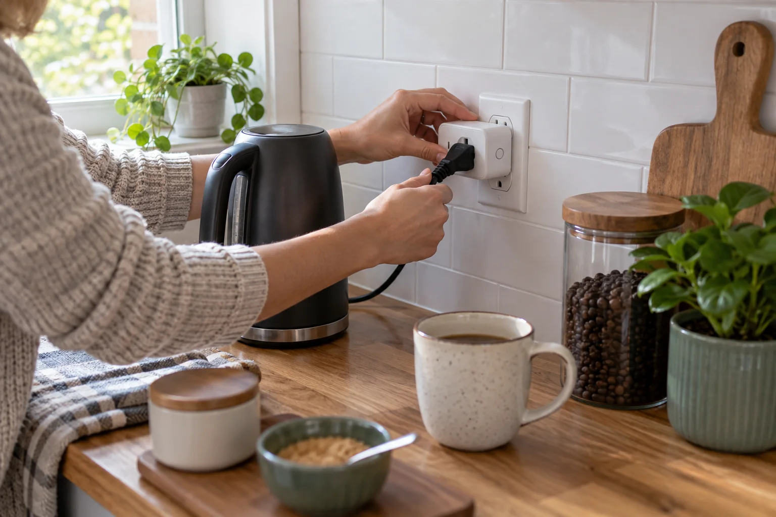 A homeowner installing a small smart plug beside a kitchen coffee station
