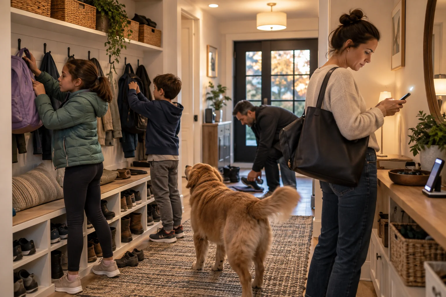 A family arriving home after school in a busy mudroom with automated hallway lighting