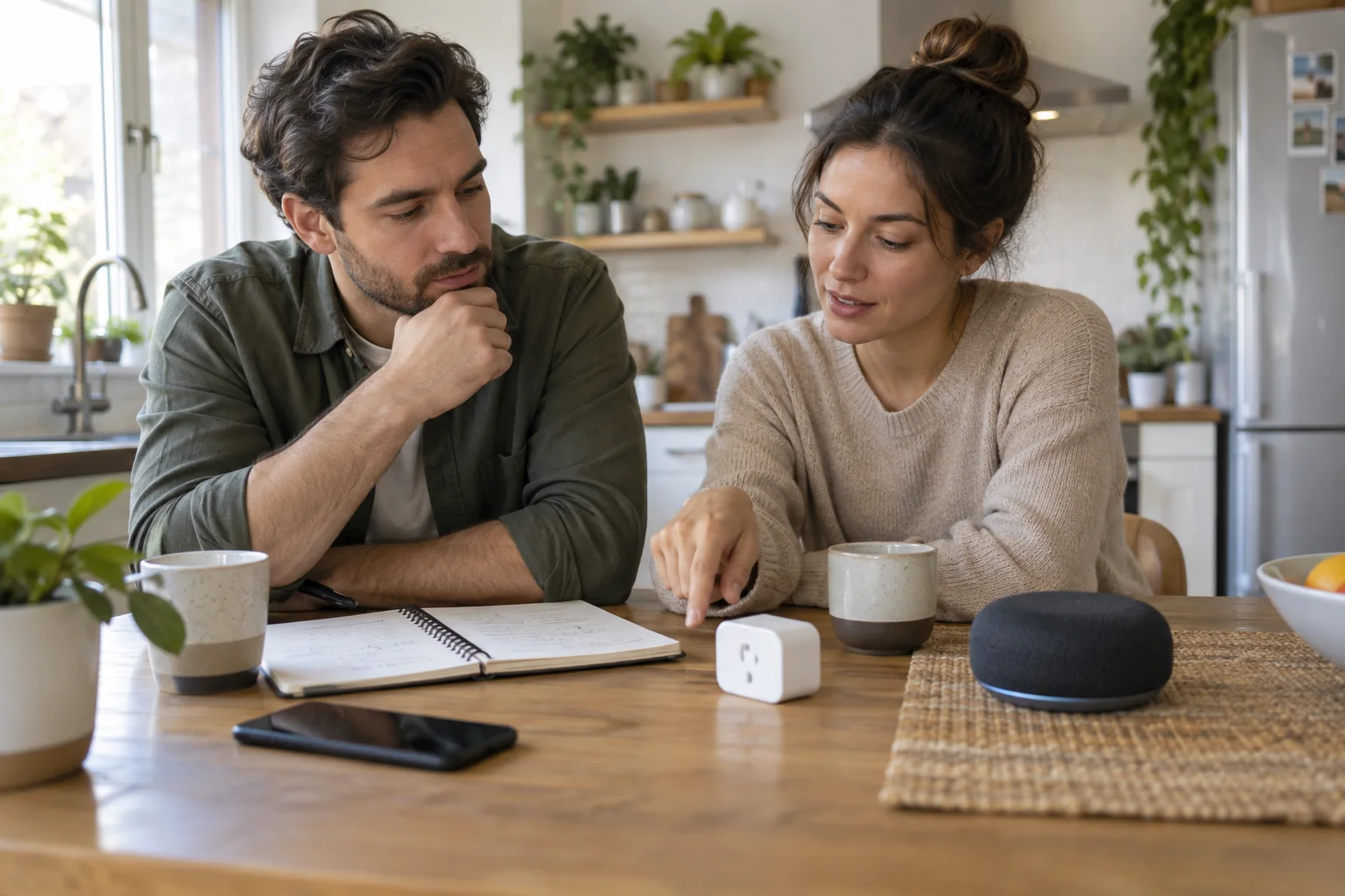 A couple planning a first smart-home purchase list at a kitchen table