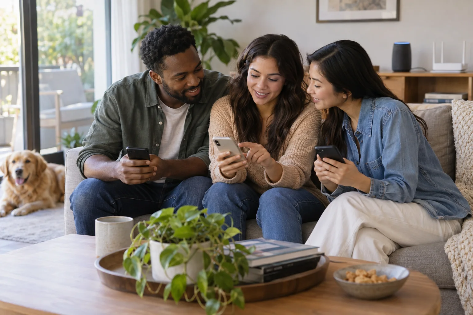 A homeowner helping visiting relatives connect to guest Wi-Fi in a living room