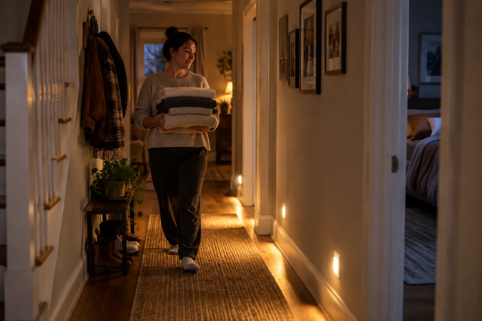A person carrying laundry through a hallway with warm low-level motion lighting