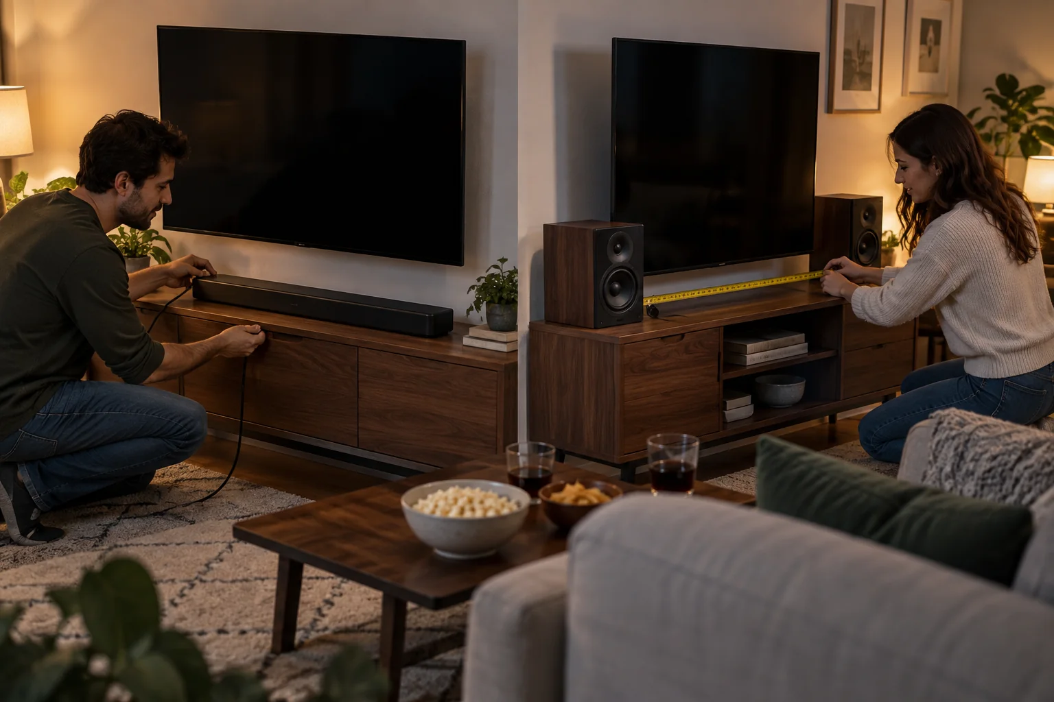 A couple comparing a compact soundbar and bookshelf speakers in a living room
