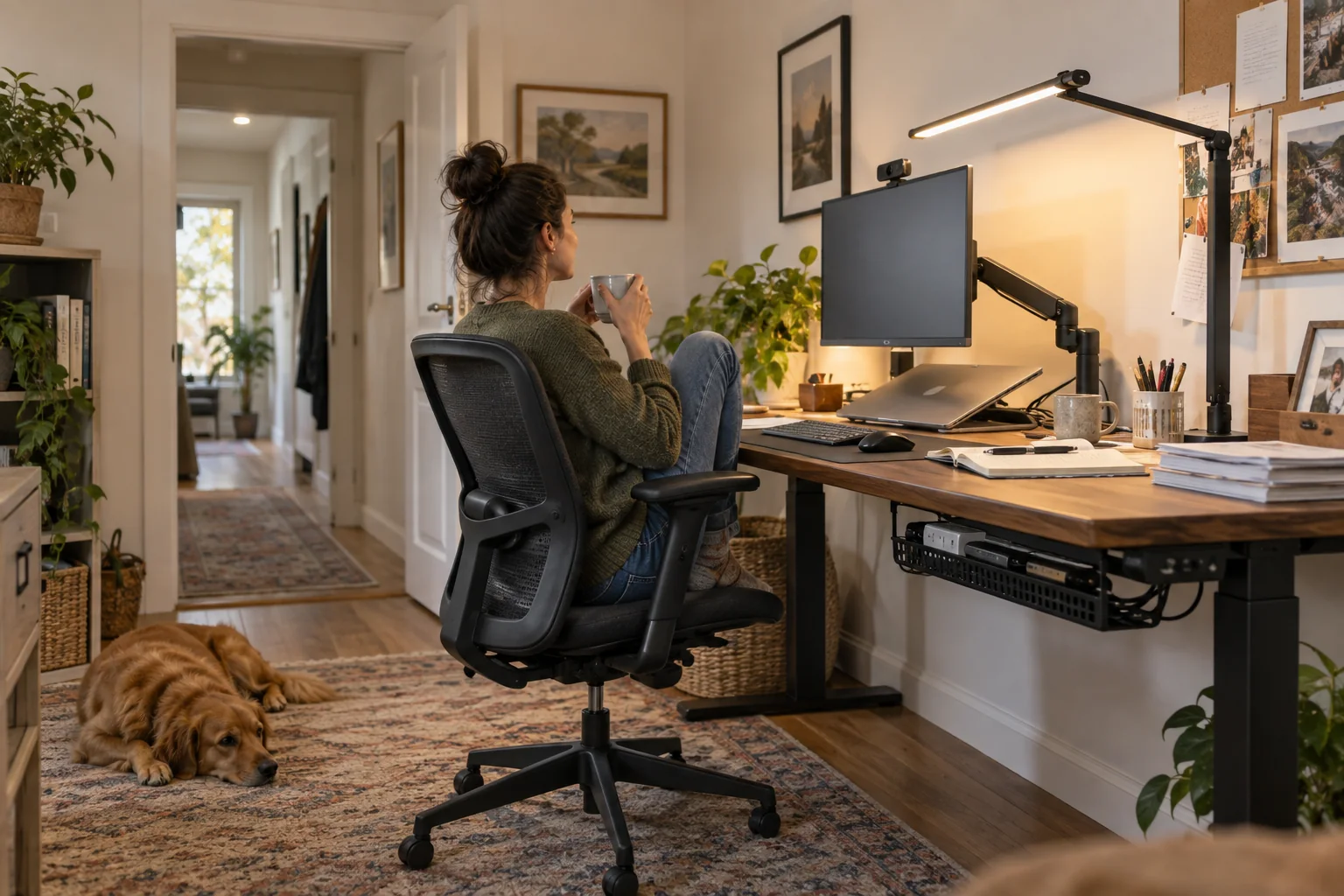 A remote worker adjusting a compact home office with a monitor arm and task light