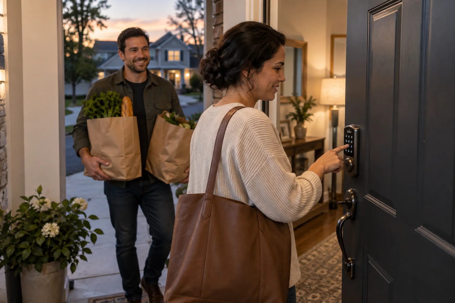 A family member using a keypad smart lock while another person carries groceries