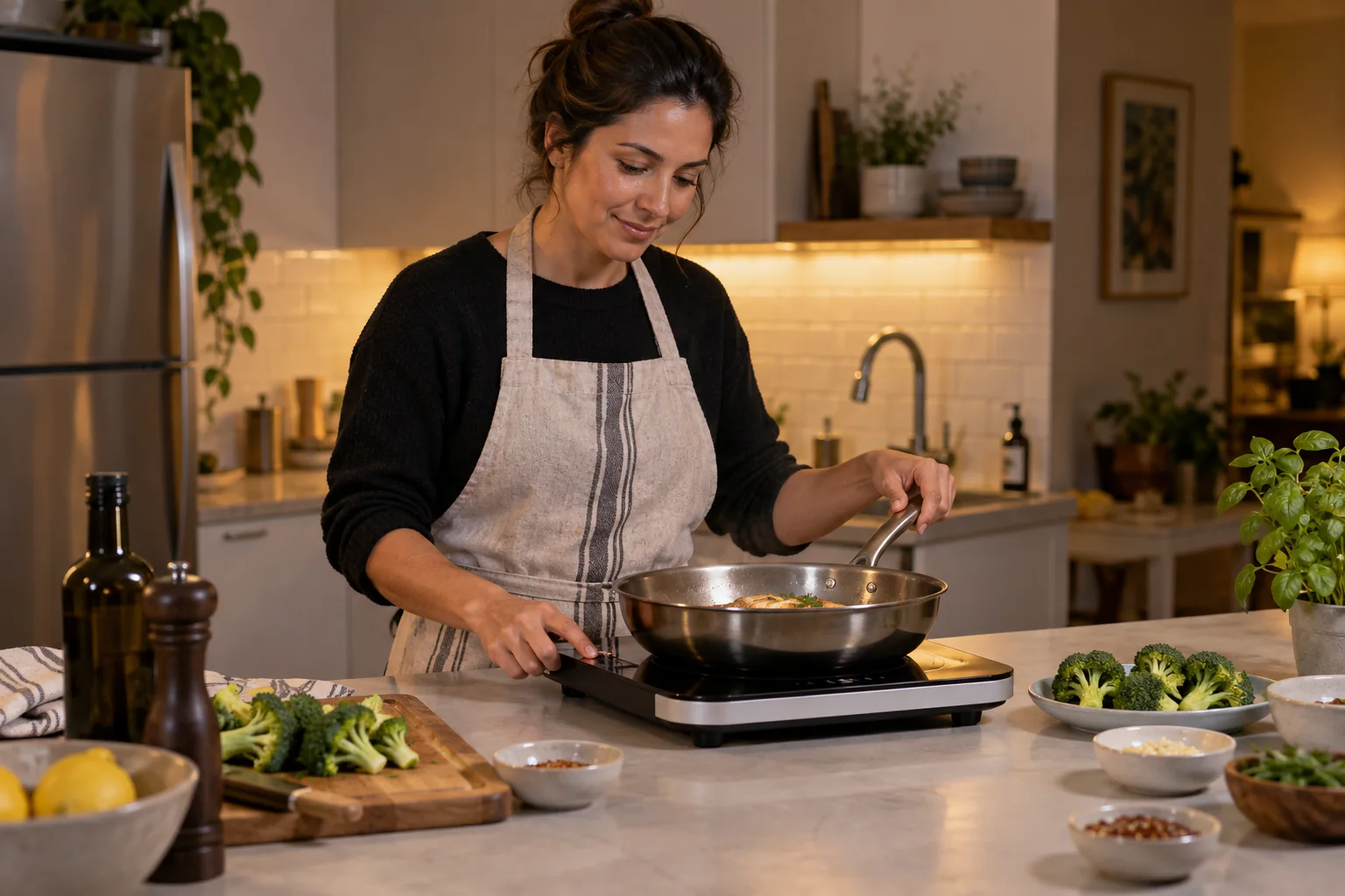 A home cook testing pans on an induction cooktop in a bright everyday kitchen