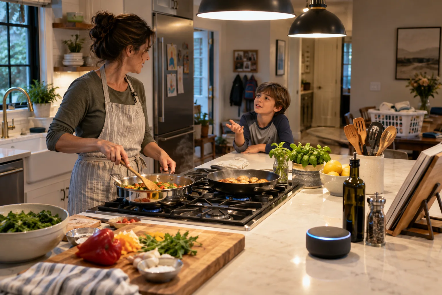 A family cook setting a voice timer while preparing dinner in a busy kitchen