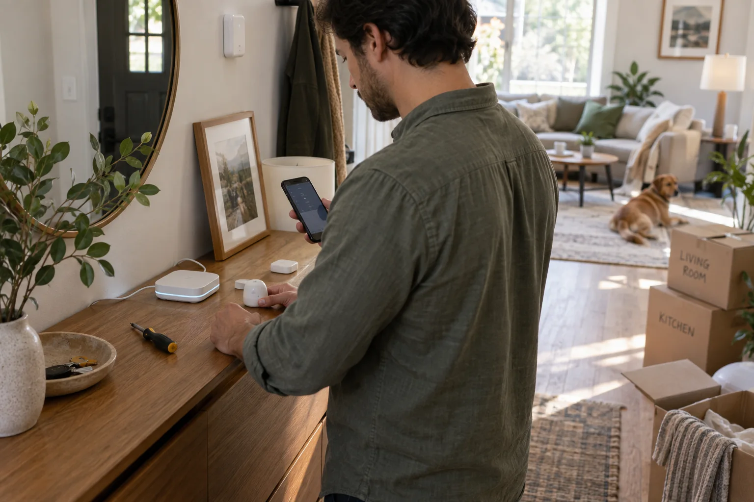 A homeowner setting up small smart-home sensors and a hub beside moving boxes