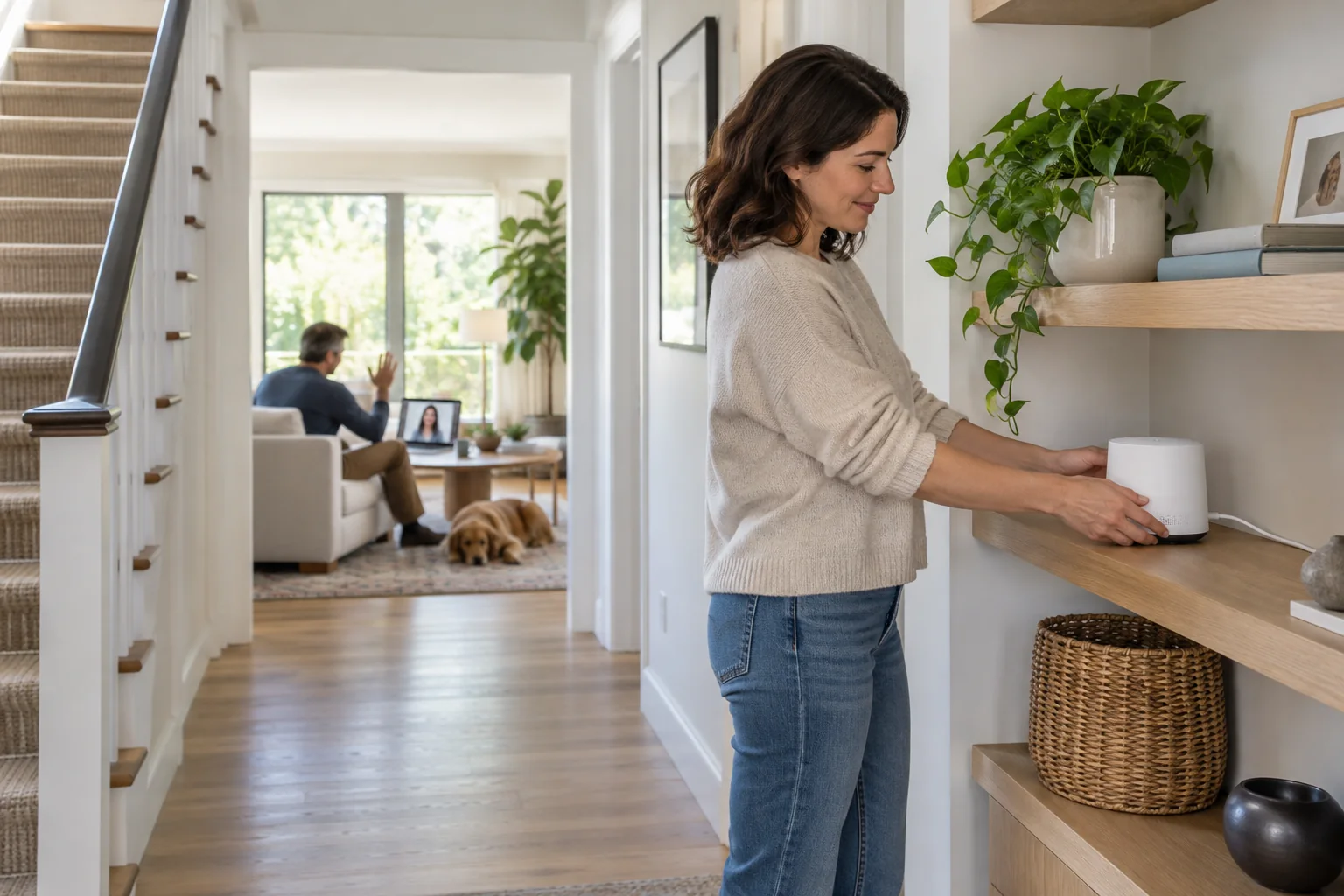 A homeowner placing a mesh Wi-Fi node on an open shelf in a two-story home