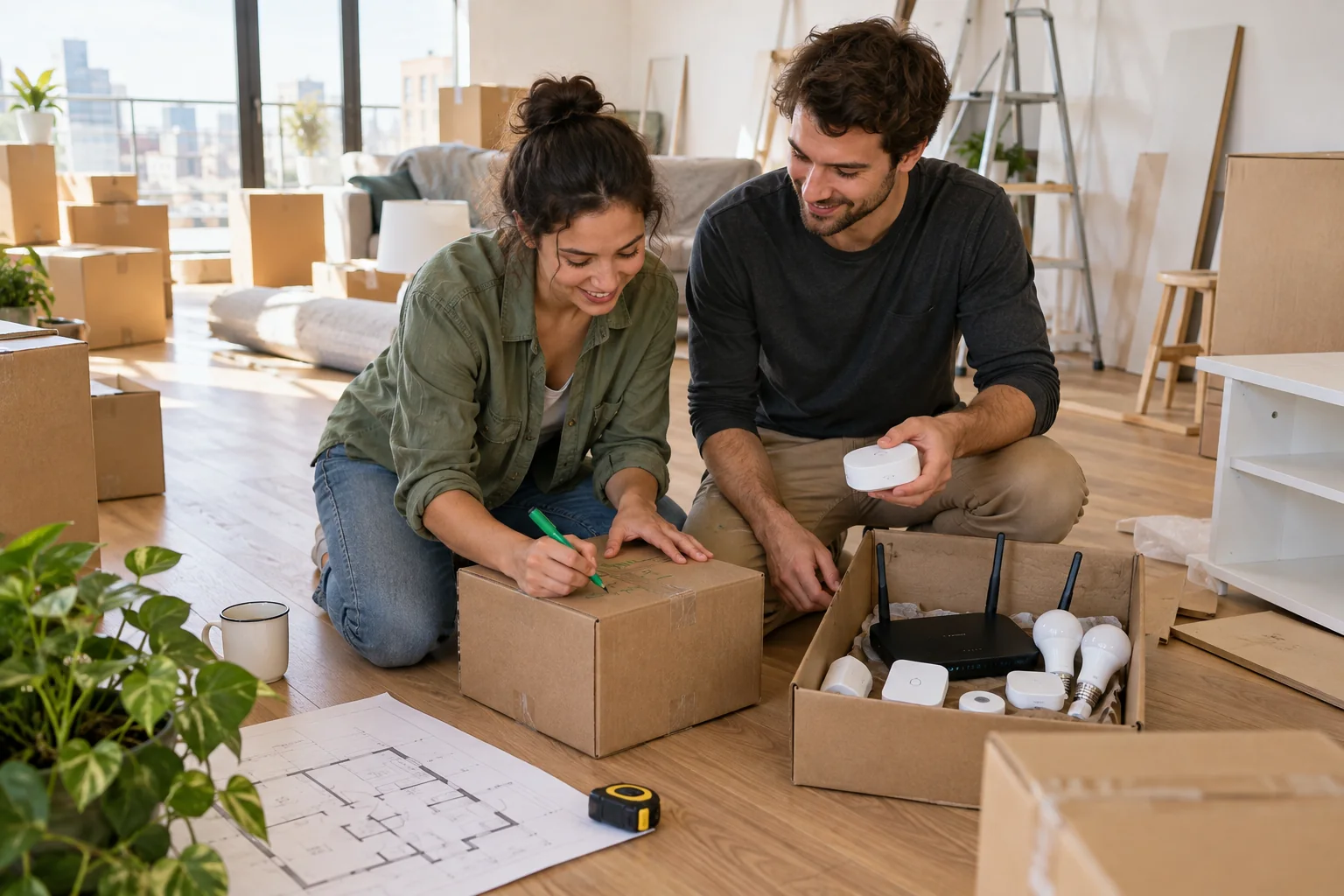A couple organizing smart-home devices and moving boxes in a bright new apartment