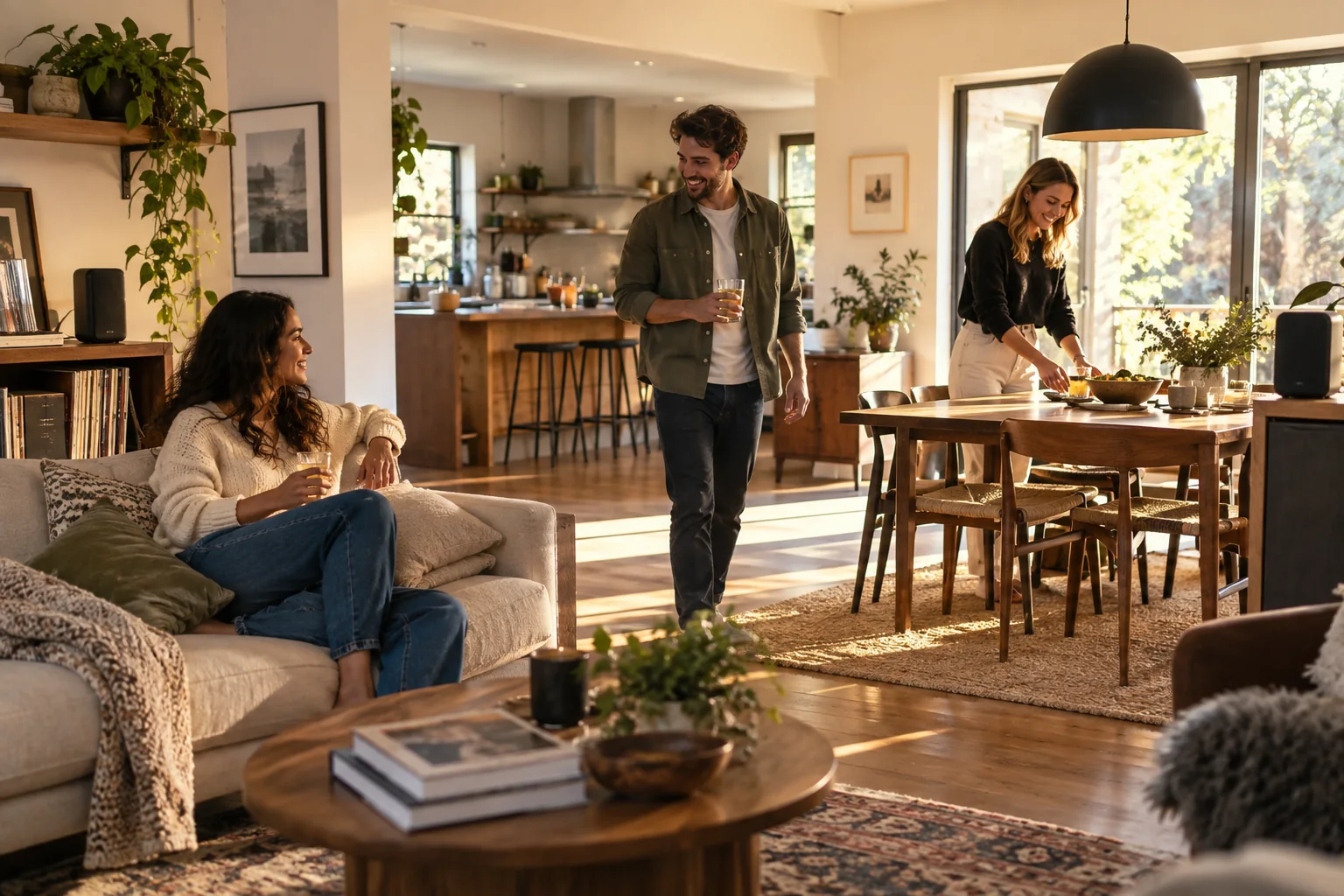 Friends listening to music across an open-plan living and dining space with compact speakers