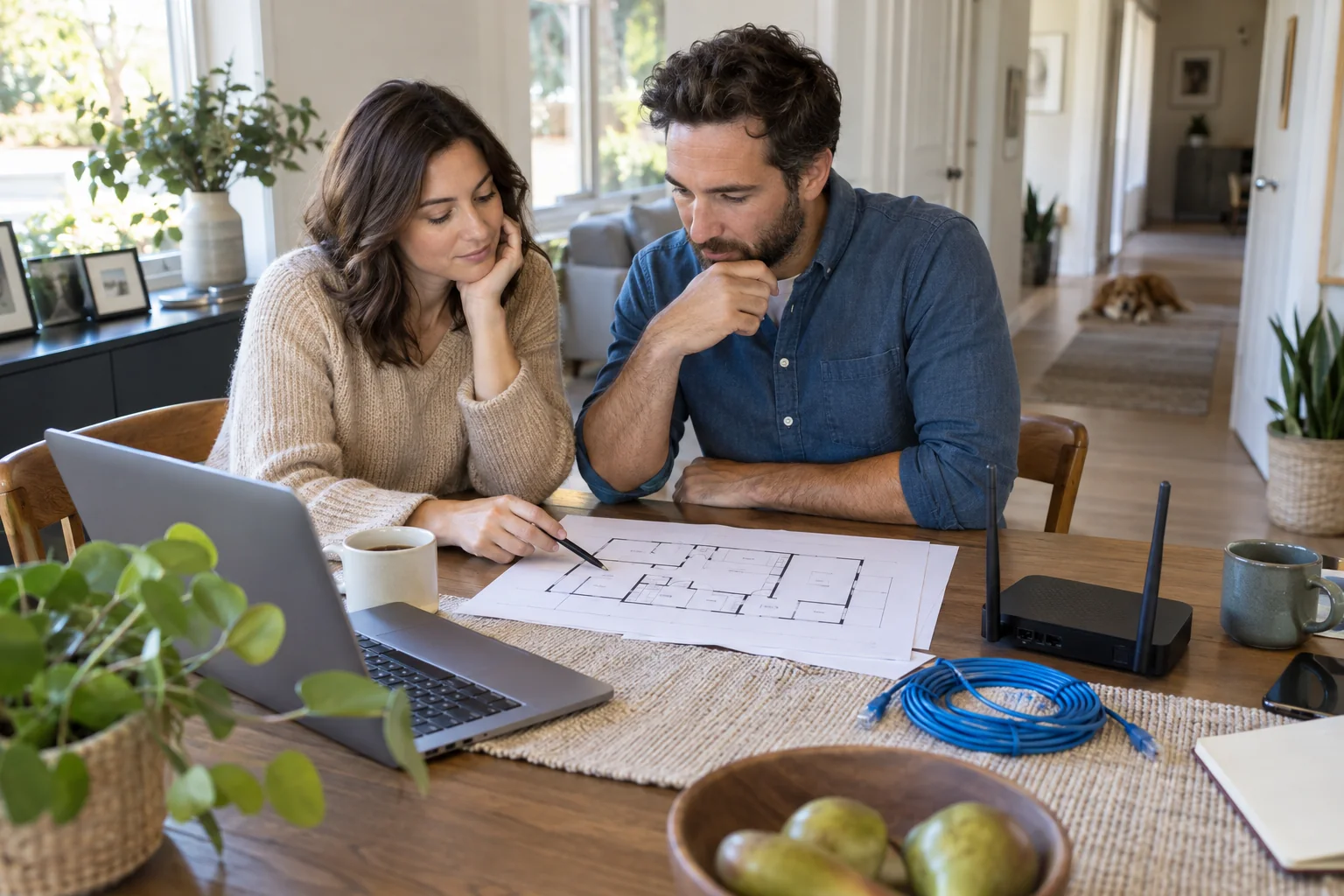 A couple planning router and Ethernet placement around a dining table
