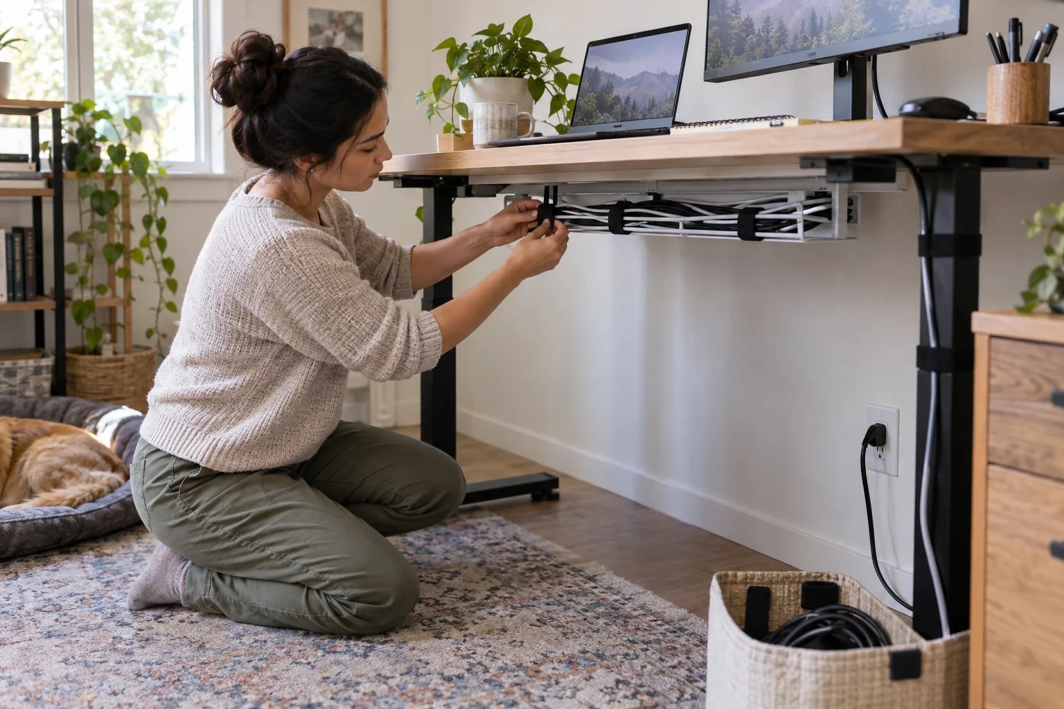 A remote worker organizing power and data cables beneath a compact home-office desk