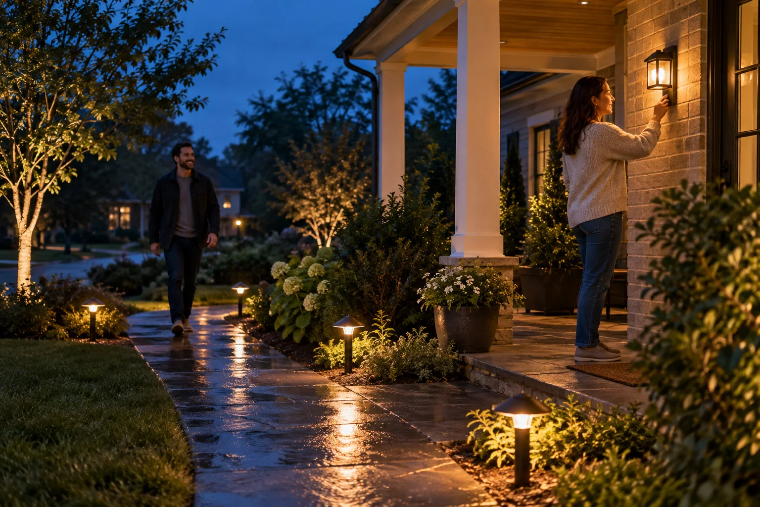 Warm path and porch lighting in a rain-damp garden at blue hour