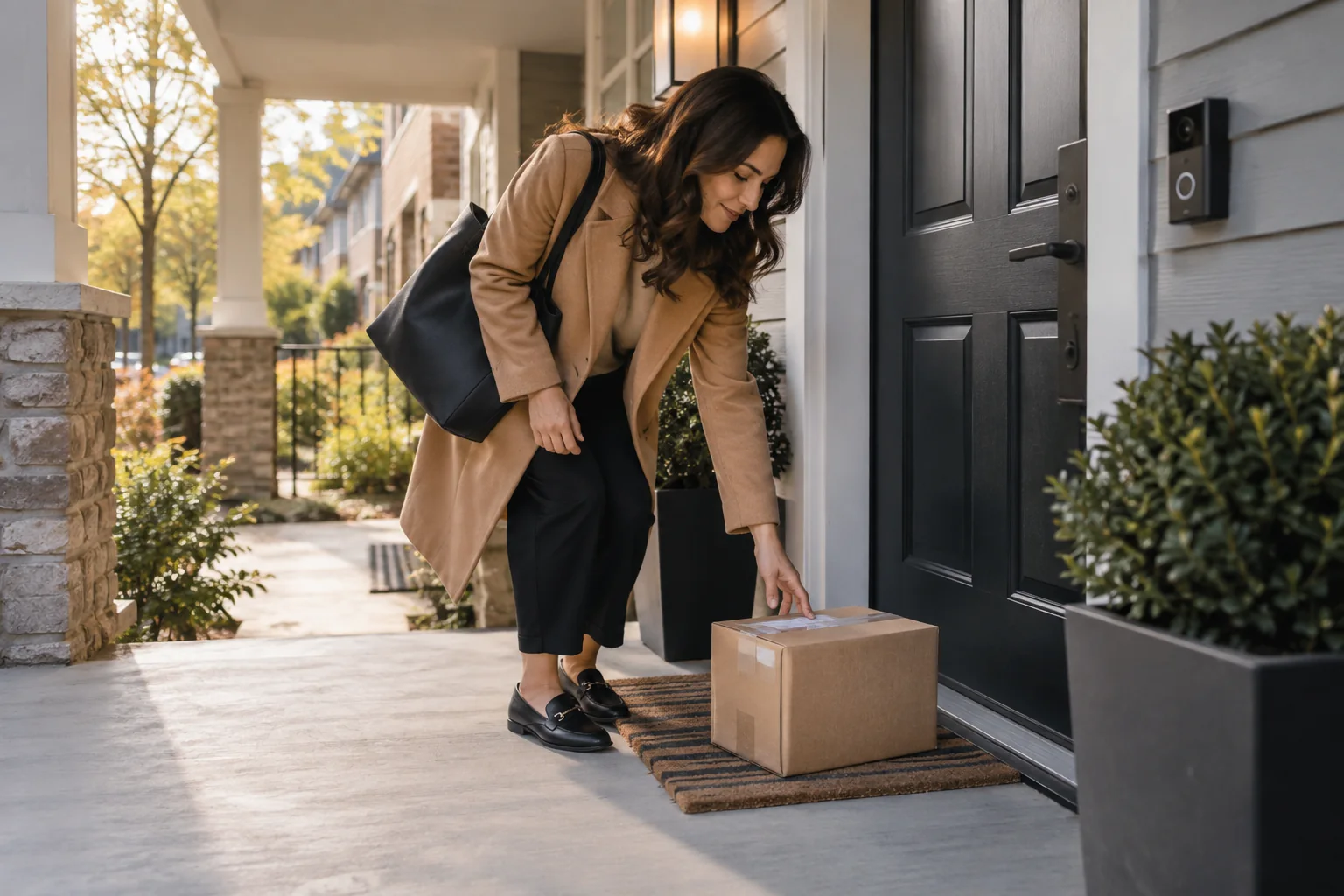 A resident collecting a delivered parcel from a well-lit front porch