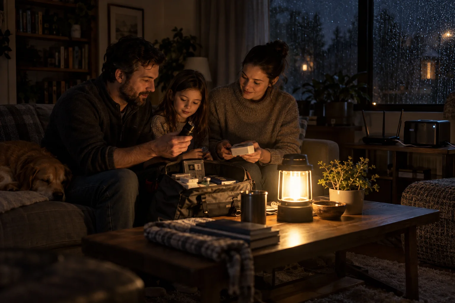 A family calmly checking essential home devices during a short evening power outage