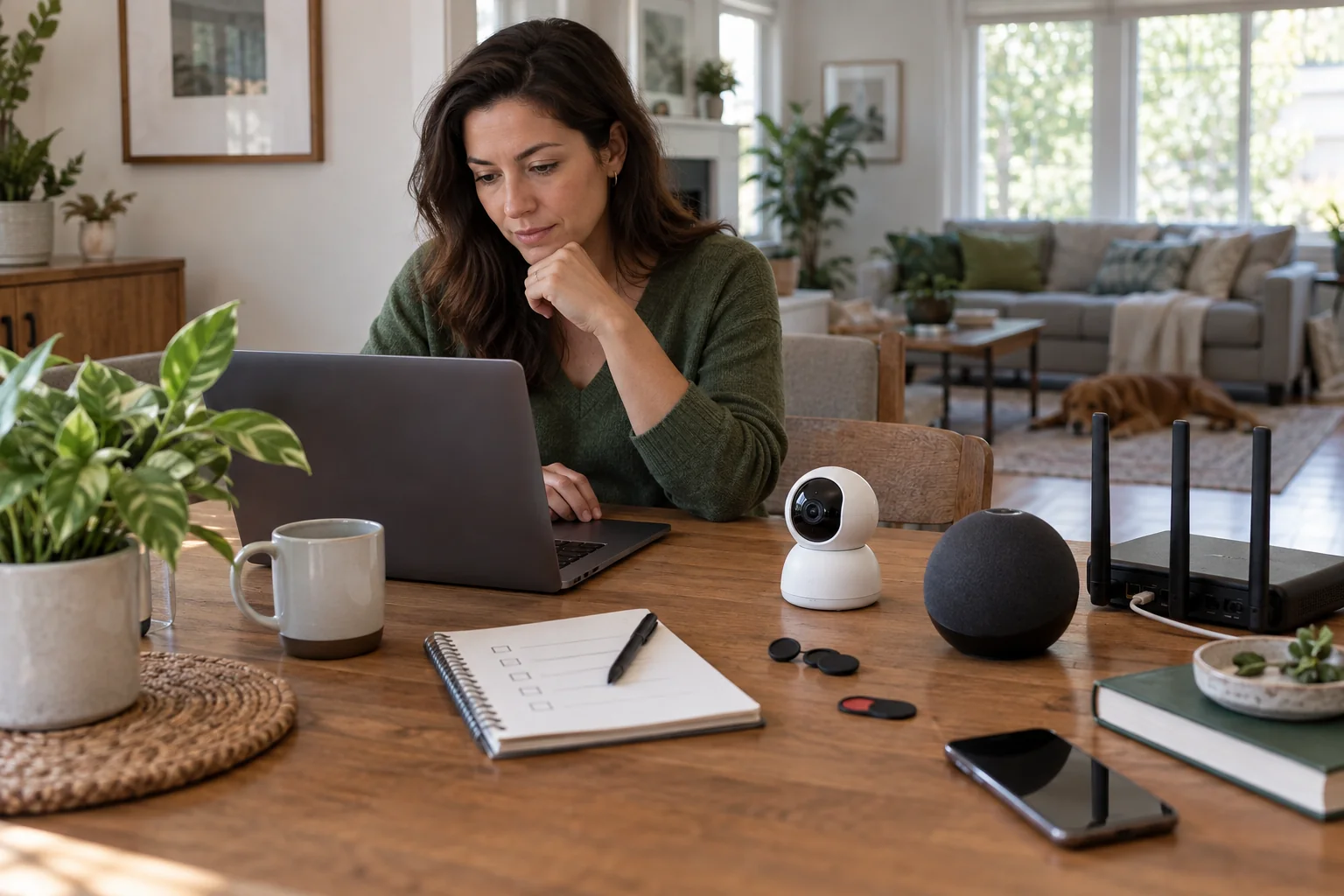A homeowner reviewing privacy settings at a dining table with smart-home devices nearby