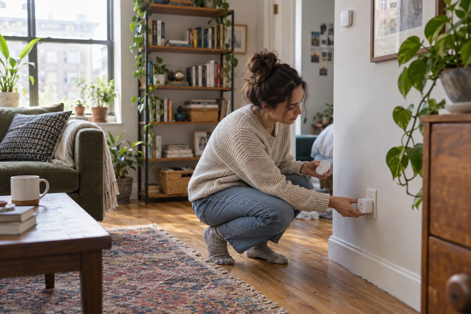A renter installing removable smart-home devices in a bright city apartment