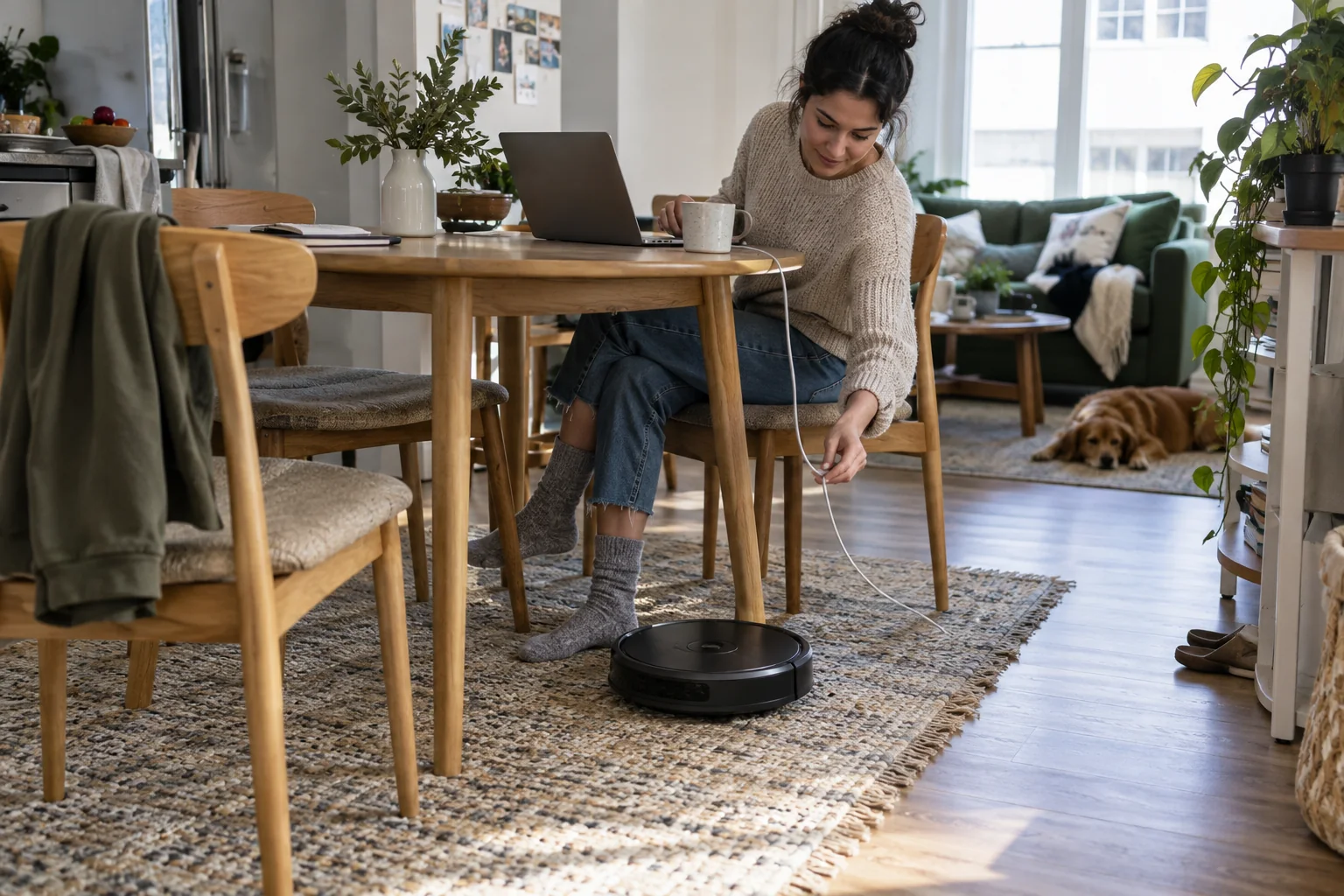 A robot vacuum cleaning beneath a dining table while a resident lifts a cable