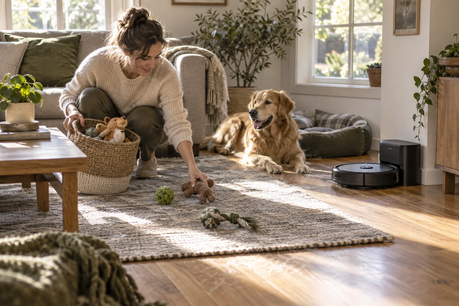 A pet owner gathering dog toys while a robot vacuum waits beside a golden retriever