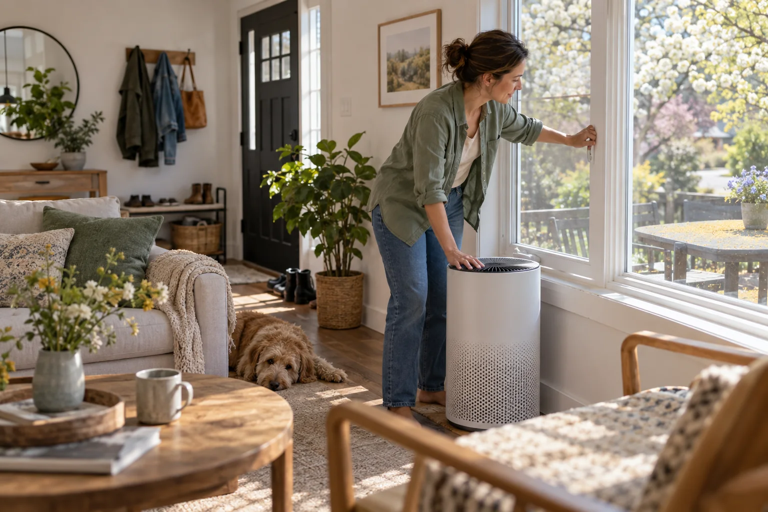 A family member checking an air purifier beside a sunlit living-room window during pollen season