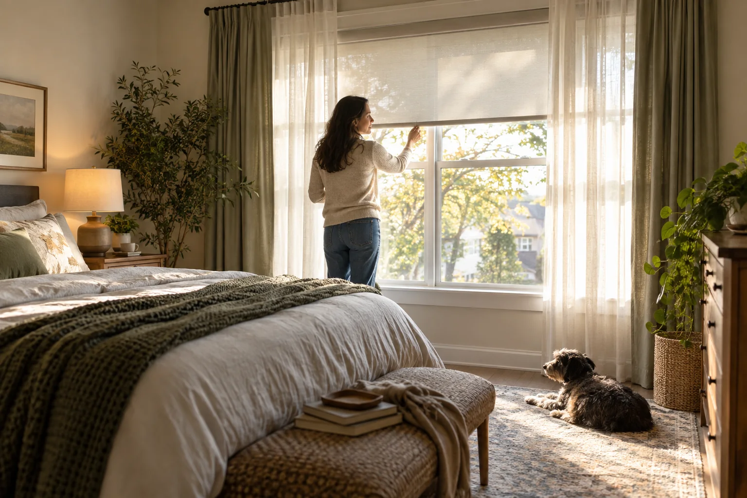 A homeowner adjusting a motorized shade in a sunlit bedroom with layered curtains