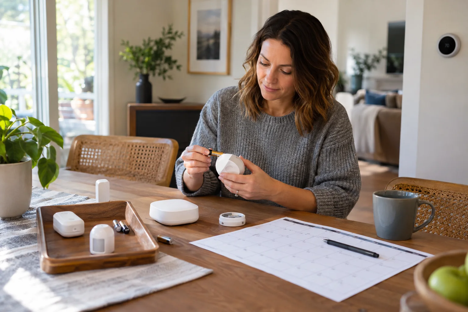 A homeowner reviewing smart-home devices and a maintenance calendar at a dining table