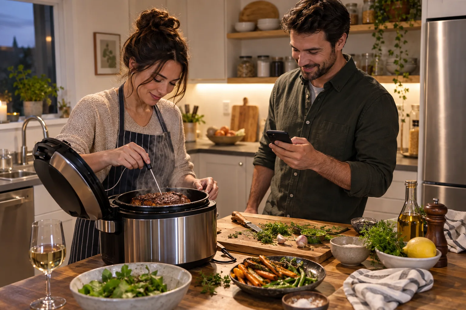 Two adults cooking a weeknight meal with a countertop cooker and probe thermometer