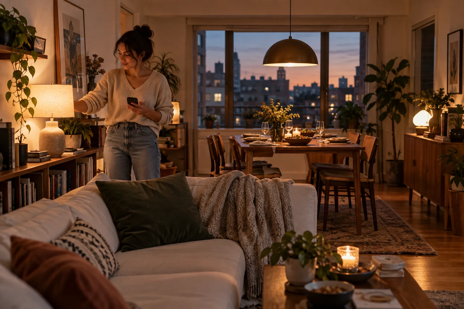 A woman adjusting warm layered lighting in a lived-in apartment before guests arrive
