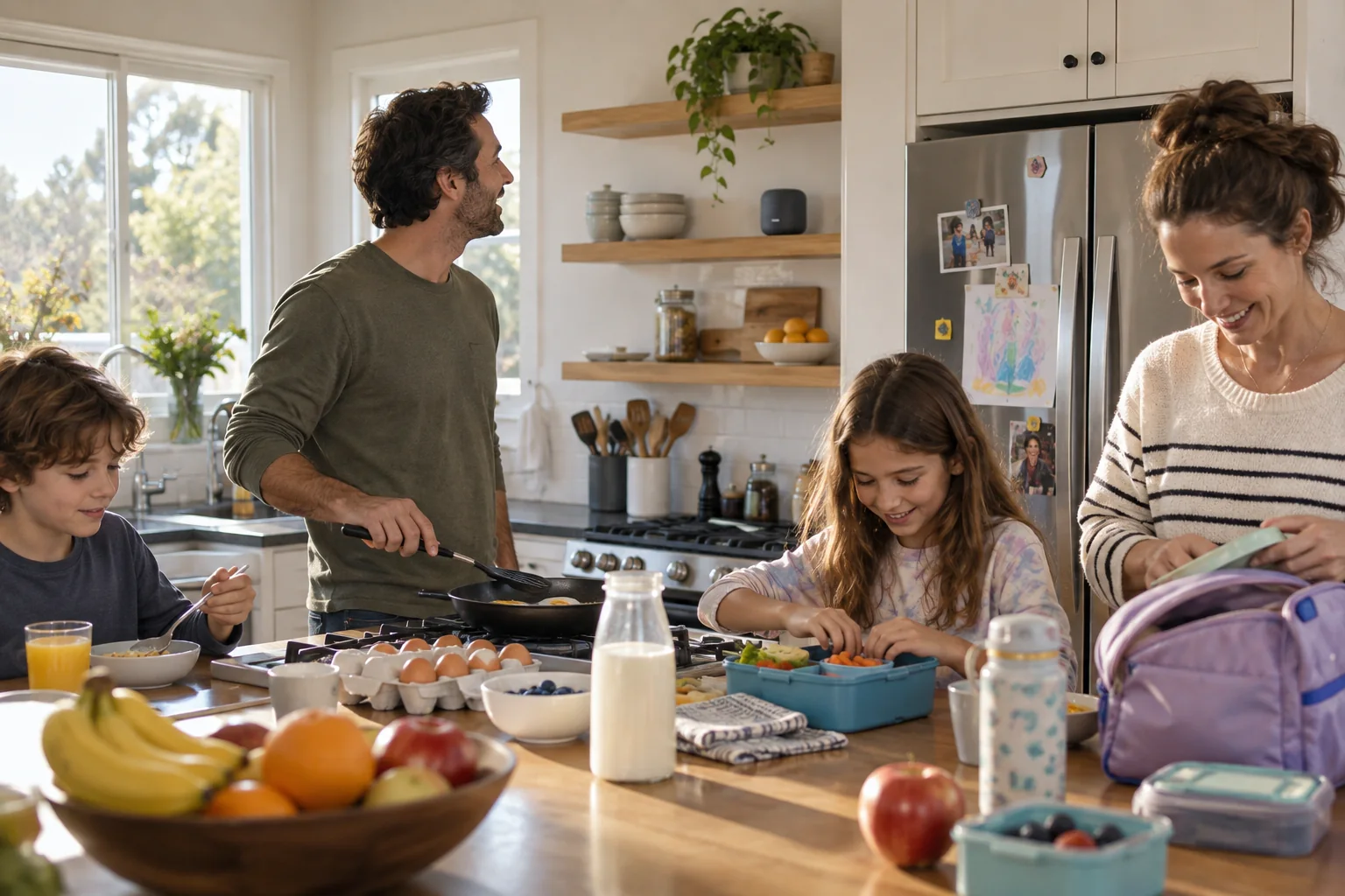A family making breakfast with a compact smart speaker on a kitchen shelf