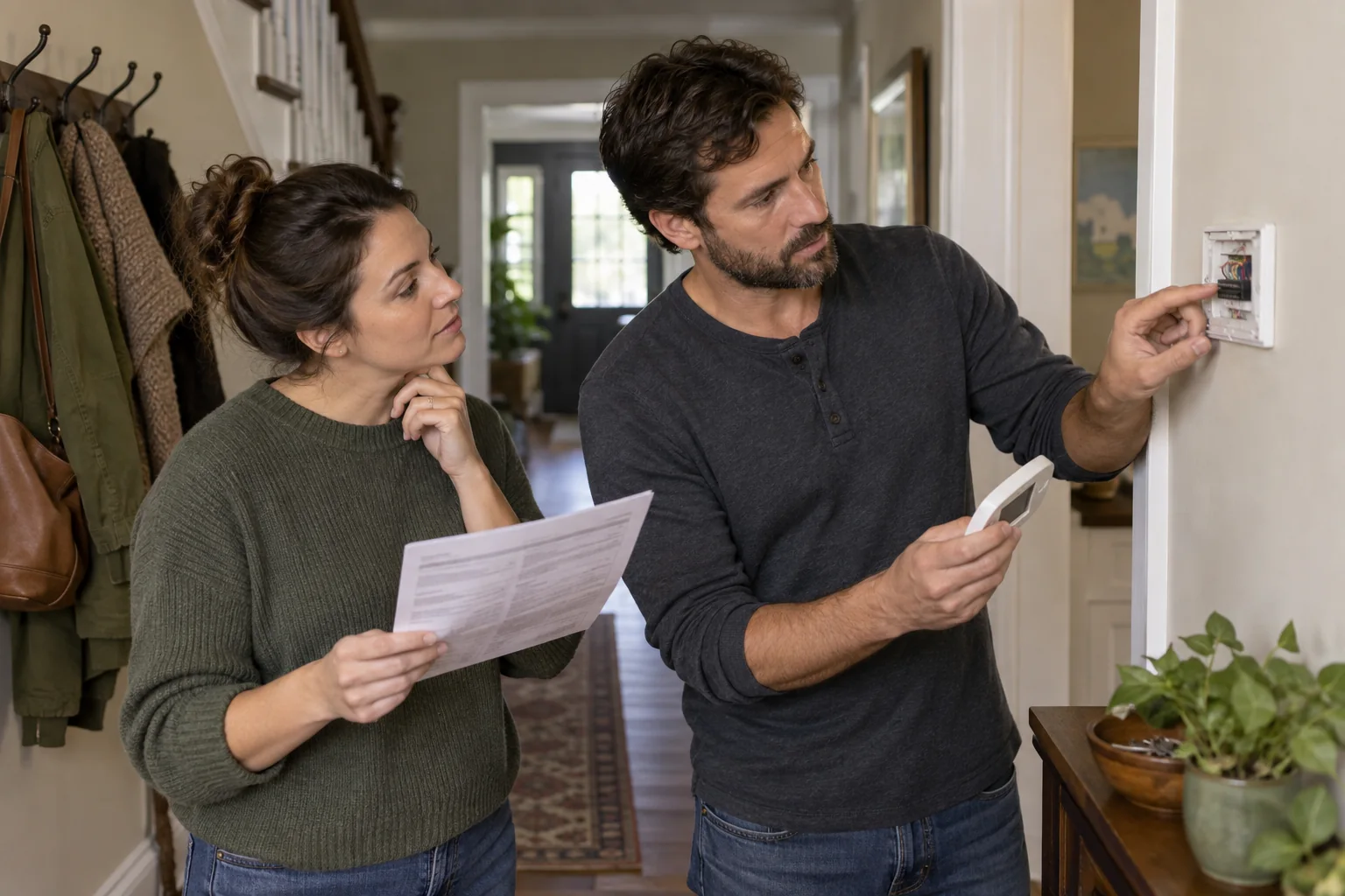 A couple checking a wall thermostat and a utility bill in an older home