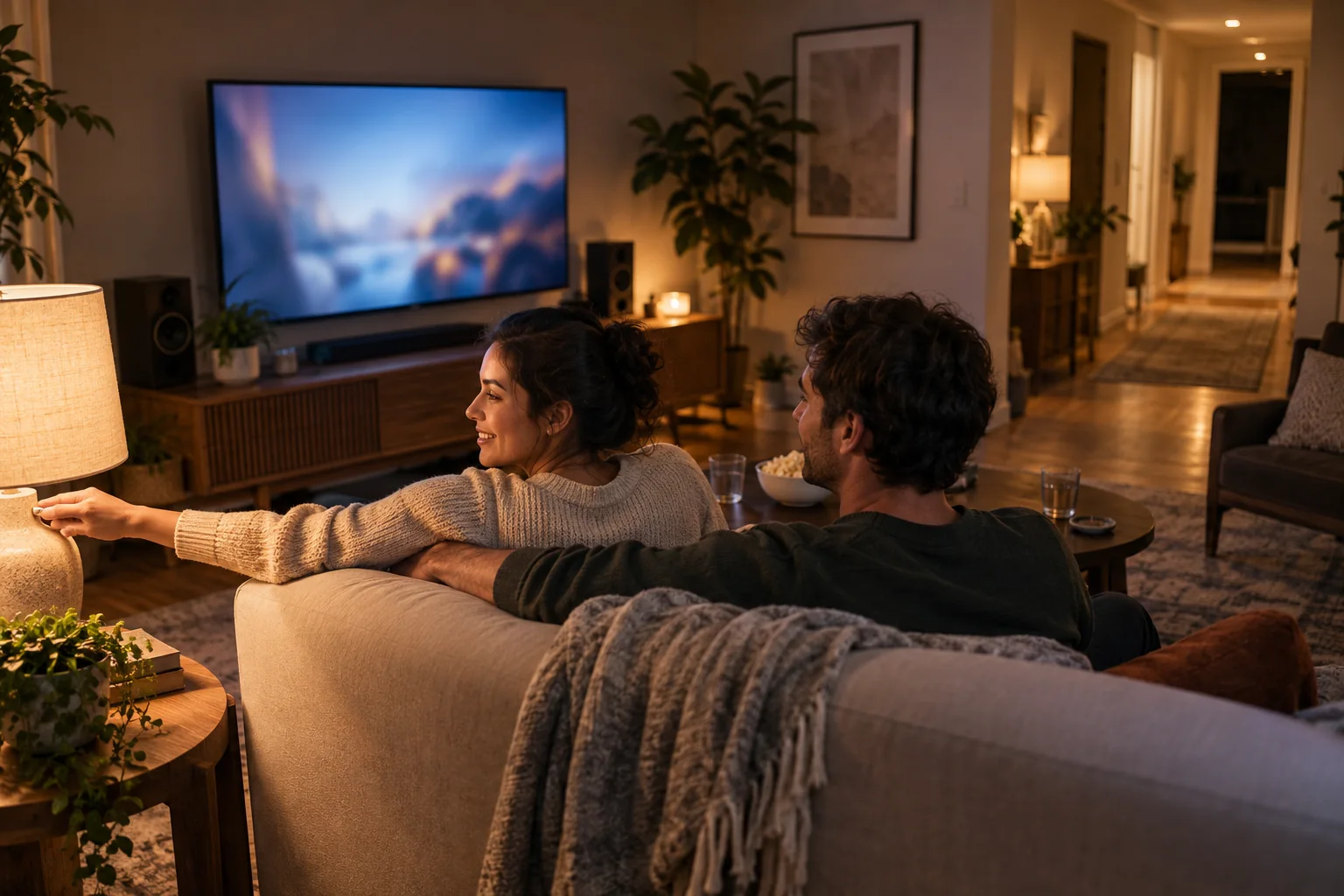 A couple settling into a softly lit living room for a movie night