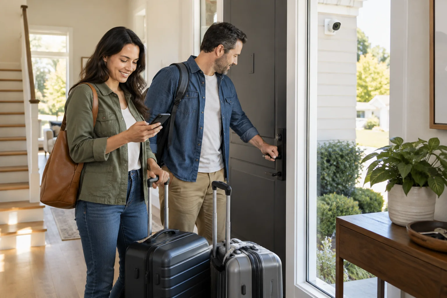 A couple with suitcases reviewing home settings while locking the front door