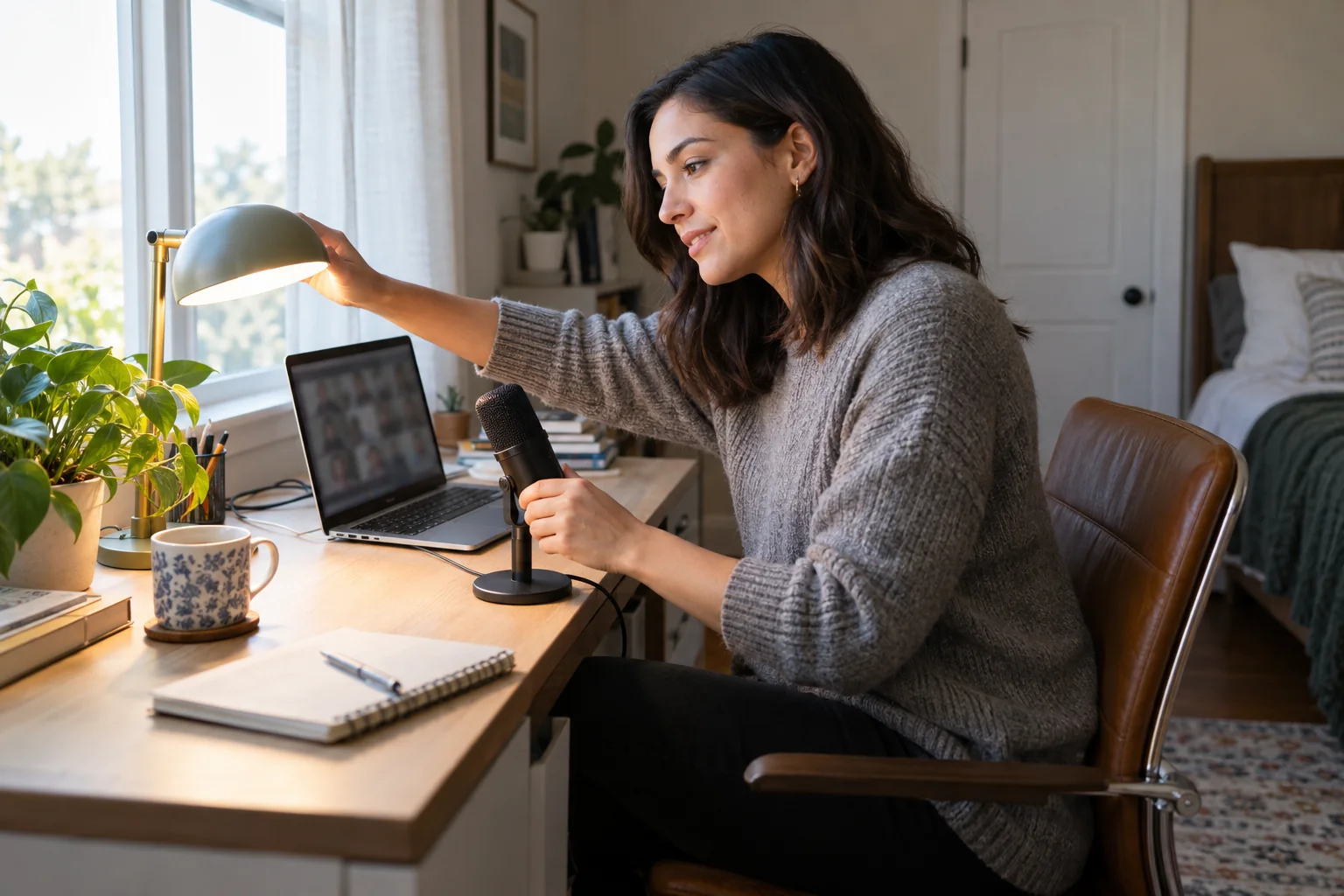 A remote worker adjusting a small lamp beside a laptop before a video call