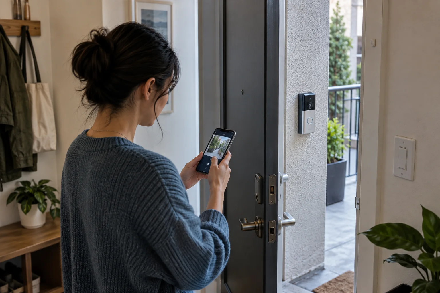A renter reviewing video doorbell settings by an apartment entrance