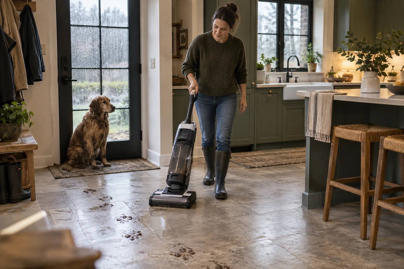A homeowner cleaning a muddy kitchen floor with a wet-dry floor cleaner