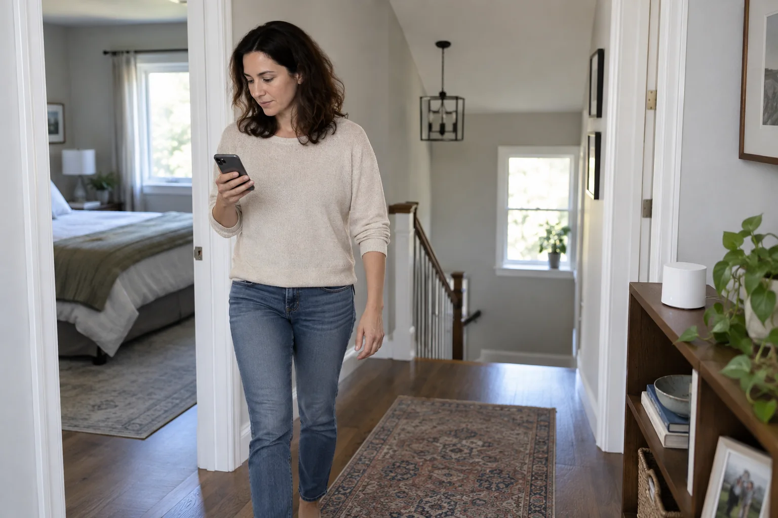 A homeowner checking Wi-Fi coverage near an upstairs mesh node