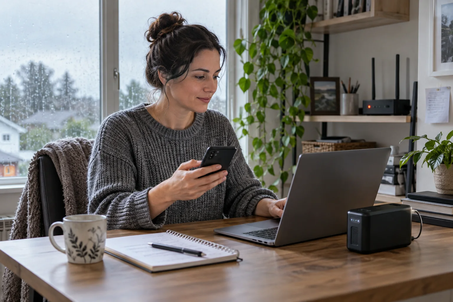 A remote worker using a laptop beside a compact network backup during a brief outage